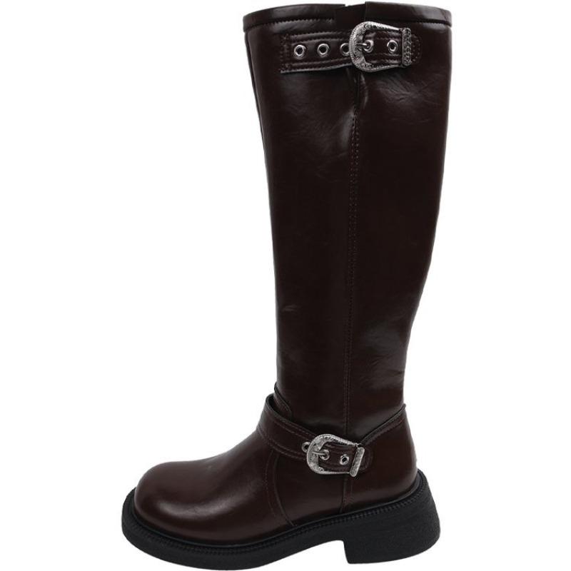 2024 Высококачественная женская обувь с боковой молнией, женские сапоги, модные современные сапоги с пряжкой на ремне, женские новые сапоги до колена с круглым носком