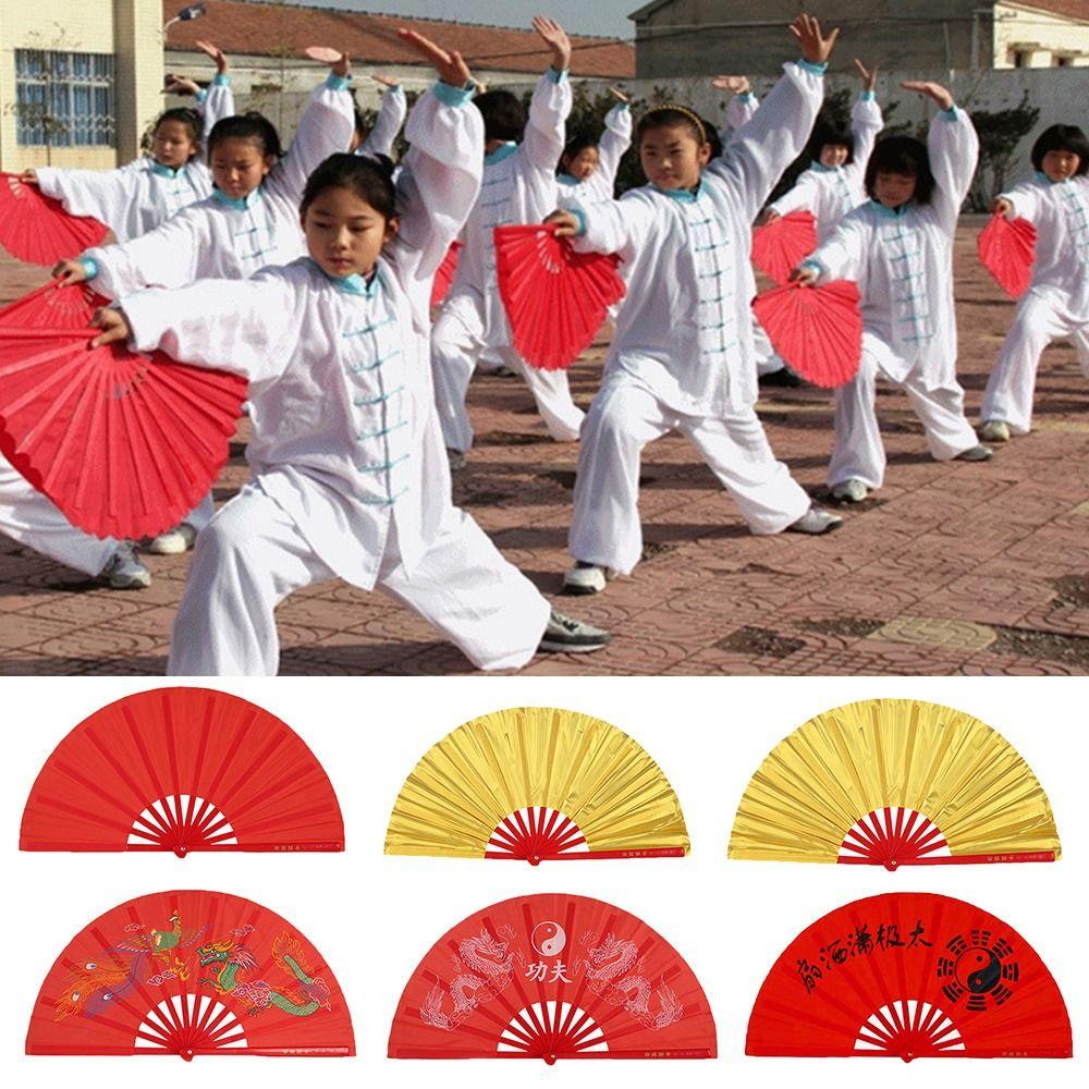 Red Chinese Tai Chi Wedding Party Decor Plastic Bone Fan Yoga Fan Folding Stage Fan Kung Fu Fan