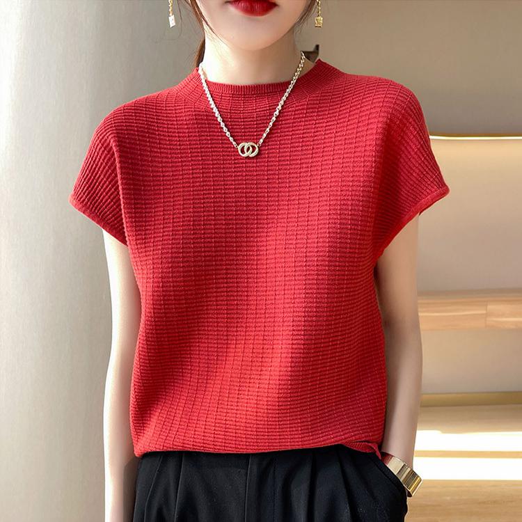 IHUASU Women's Short-sleeved T-shirt Spring and Summer Loose Thin O-neck Knitted Bottoming Shirt Tops