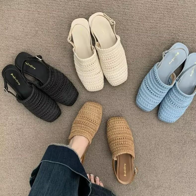 French Bohemian Single Shoes Gently Woven Girls Bag Head Sandals Summer Retro Fairy Evening Empty Slippers