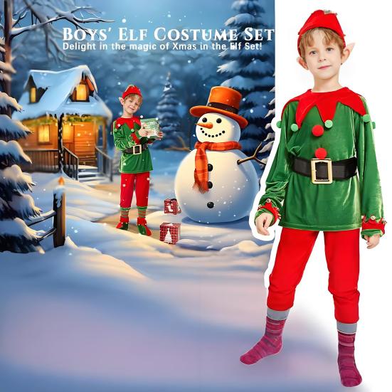 Christmas Elf Costume Set Boys Girls Festive Elf Outfit Kids Classic Red Green Elf Hat Stockings Set Dress-up Attire for Parties Cosplay Performance