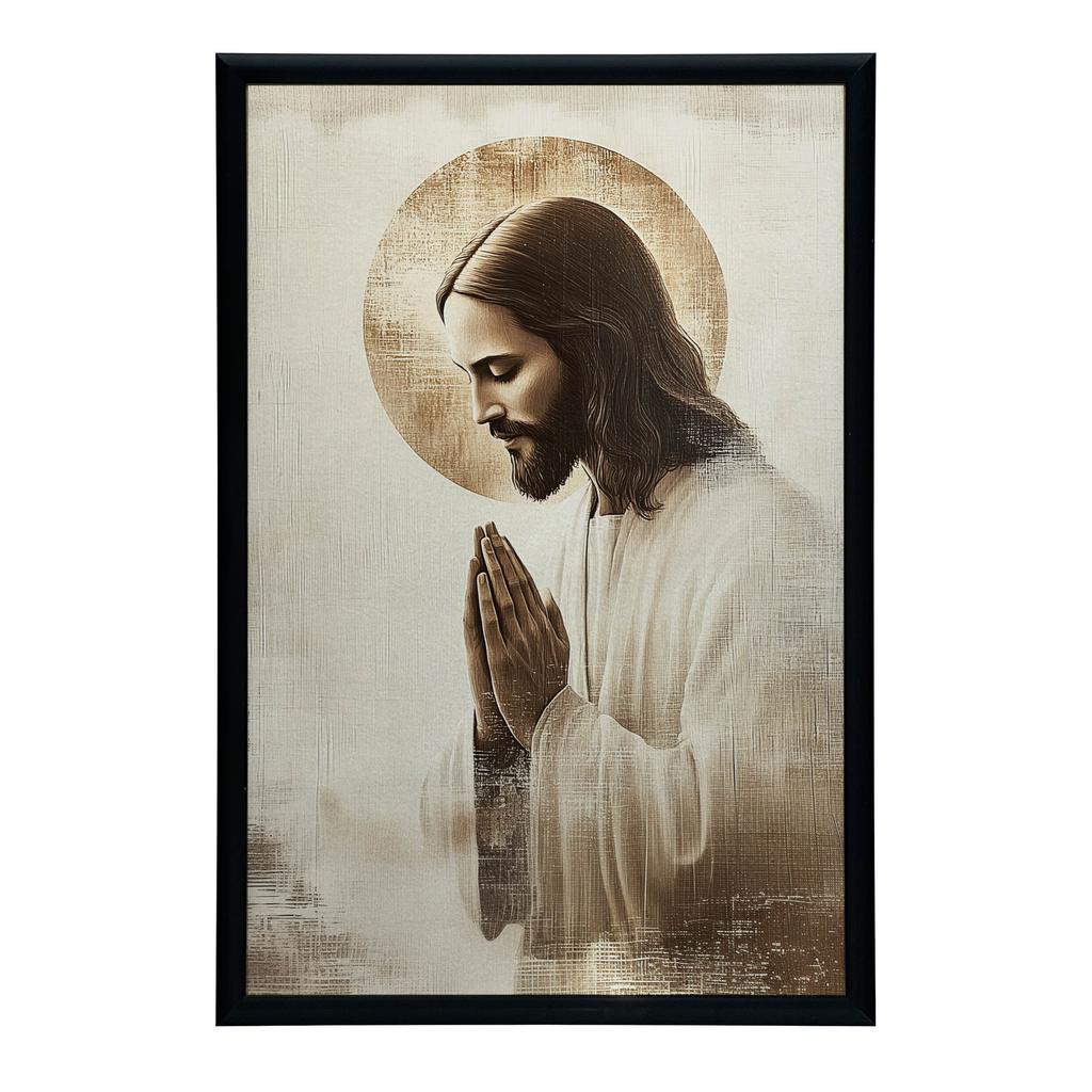 Jezus W Modlitwie - Złota Aureola Jezus W Modlitwie - Złota Aureola, 40X50 Cm, Rama Aluminiowa Złota, Papier Matowy 230 Gsm