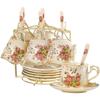 Tea Cups and Saucers Set of 6, 8 Oz Vintage Floral Porcelain Tea Cups Set, Coffee Cups with Golden Rack