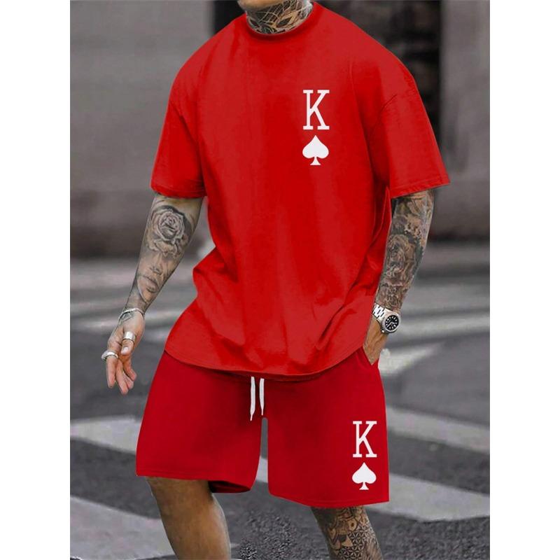 2025 Summer New Men's Short Sleeved Shorts Set Fashion King Printed T-shirt Shorts 2 Sets Casual Round Neck Jumping Breathable S