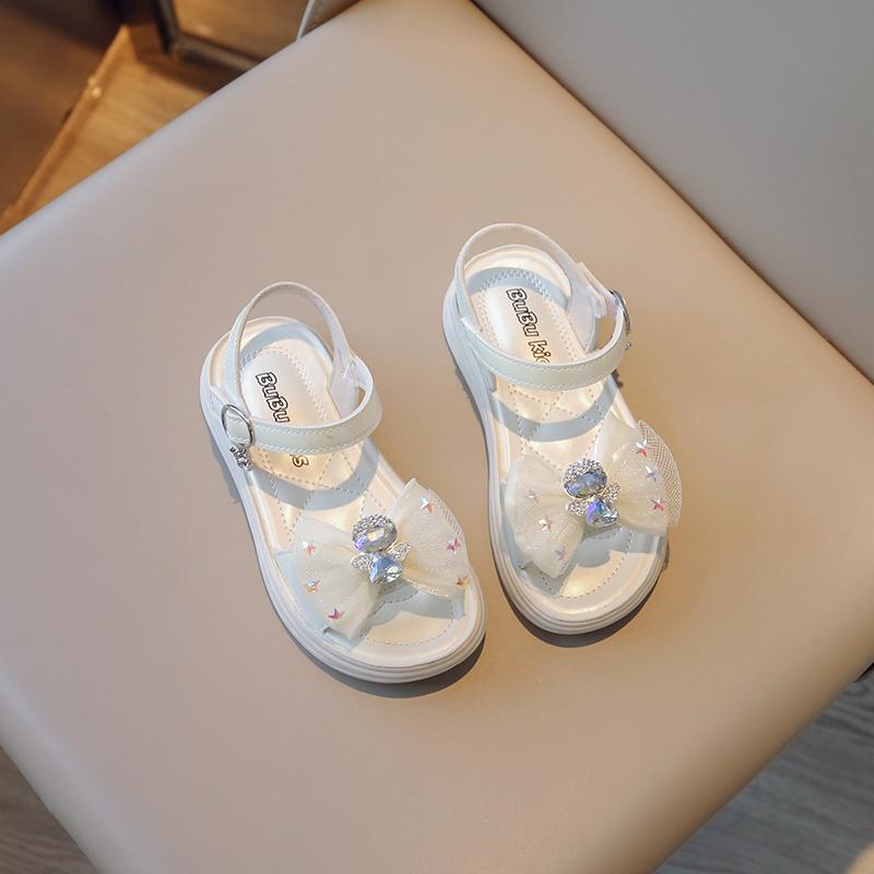 Girls Rhinestone Mesh Bow Simple Korean Children's Sandals New Summer 2024 Solid Color Versatile Kids Performance Shoes Fashion
