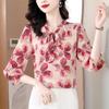 Spring Summer Seven Quarter Sleeve Chiffon Shirt for Women Bow Tie Age Reducing Top Printed Shirt Blouses & Shirts