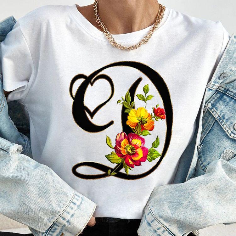 Custom Name Letter Combination Tops Fashion Women T-Shirt Rose Flower Heart Letter Font A B C D Short Sleeve Tees Black T-Shirt