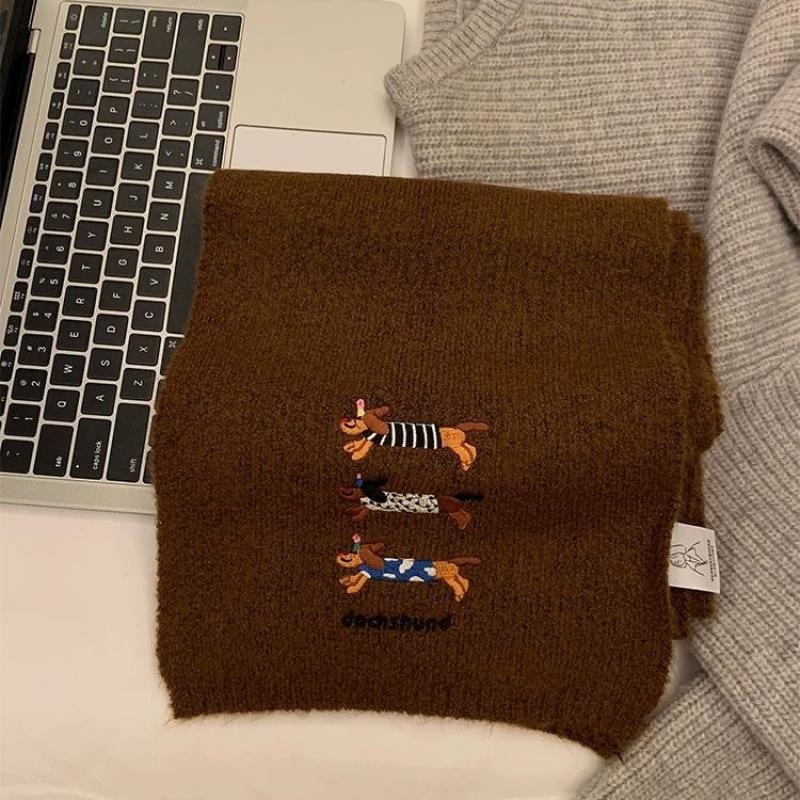 Cute Puppy New Knitted Three Dachshunds Embroidered Woolen Woolen Scarf for Women In Autumn and Winter Soft and Versatile