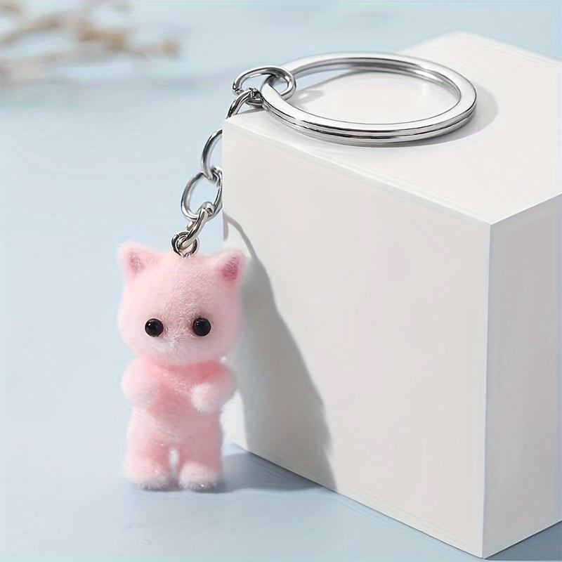 Cute 3D Flocking Kitten Small Bear Keychain Resin Cat Couple Mobile Phone Pendant Car Keyring Earphone Backpack Charms Bag Decor