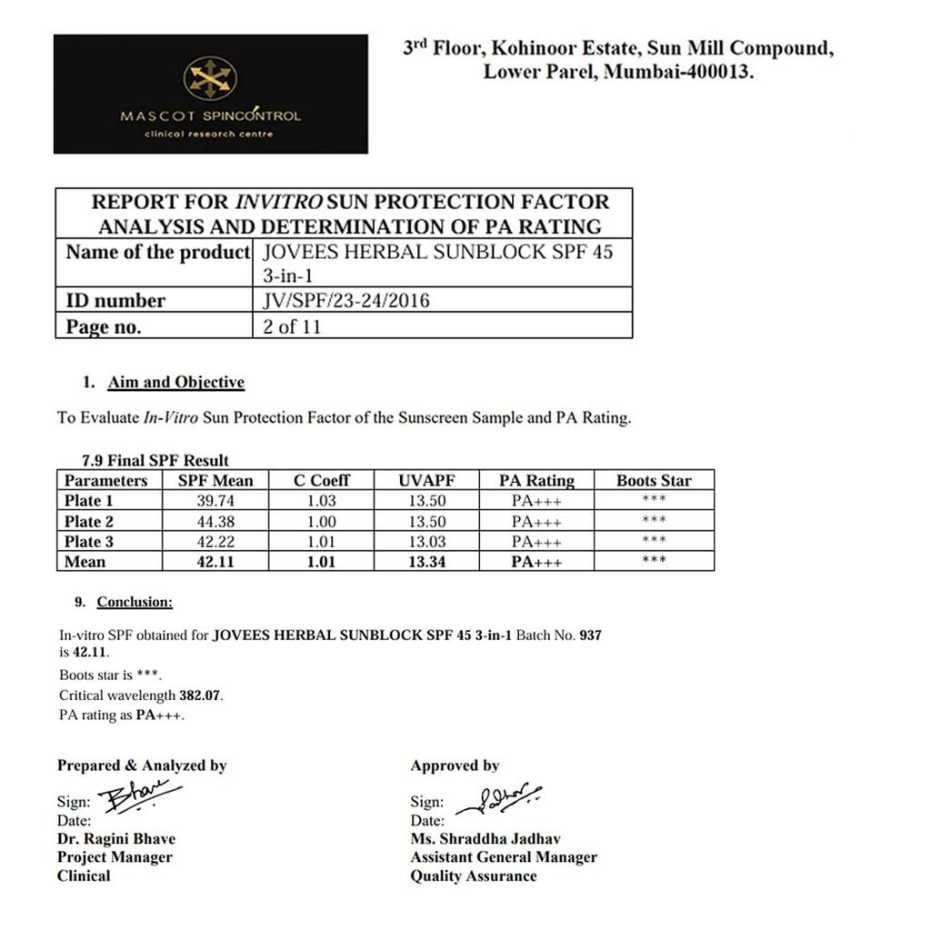 Jovees Herbal Sun Block SPF 45 Sunscreen For Dry Skin  | Broad Spectrum UVA UVB Blue Light Protection | Lightweight Non Greasy Hydrating 50g