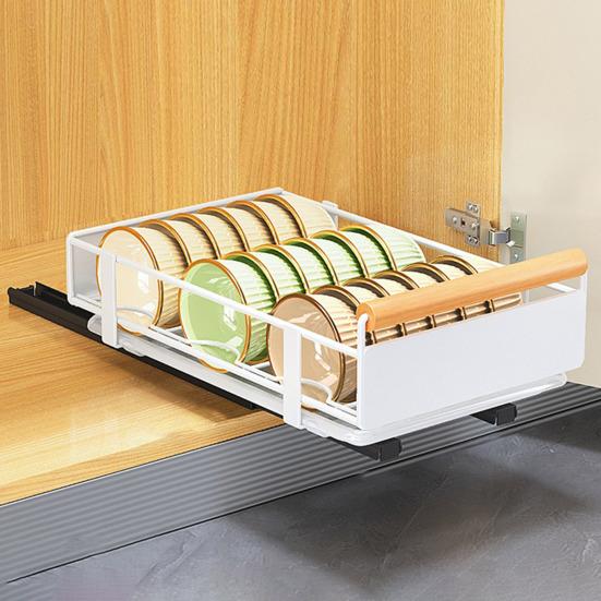 Bowl Dish Storage Rack Large Capacity with Adhesive Rail Pull Out Sliding Drawer Cabinet Organizer Detachable Drainage Plate Heavy Duty Slide Out