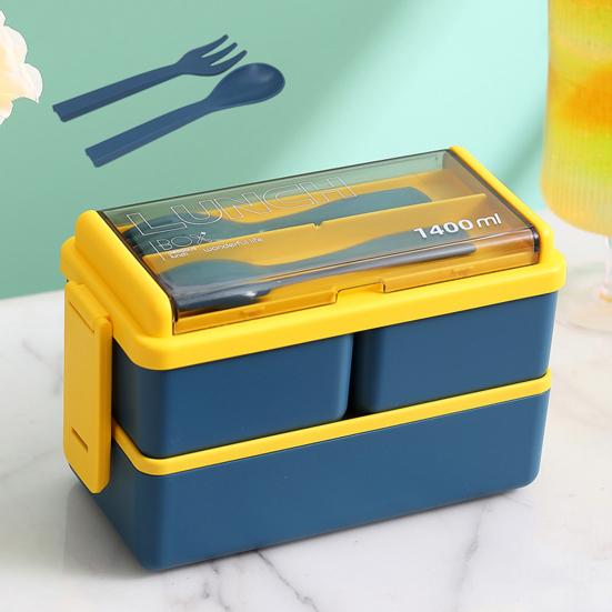 Lunch Box Compartment Design Easy Carrying Double Layer Microwave Safe Japanese Style Students Bento Box with Fork Spoon Daily Use