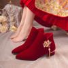 Red Wedding Bridal Shoes Women's Boots Stylish Pointed Toe High Heel Ankle Boots Female Elegant Dress Banquet Shoes