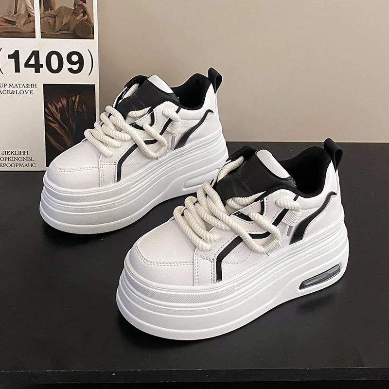 Tide Platform Sneakers Women Spring Autumn Round Toe Lace-up Comfort 8CM Thick Bottom Sport Shoe Black White Casual Shoe