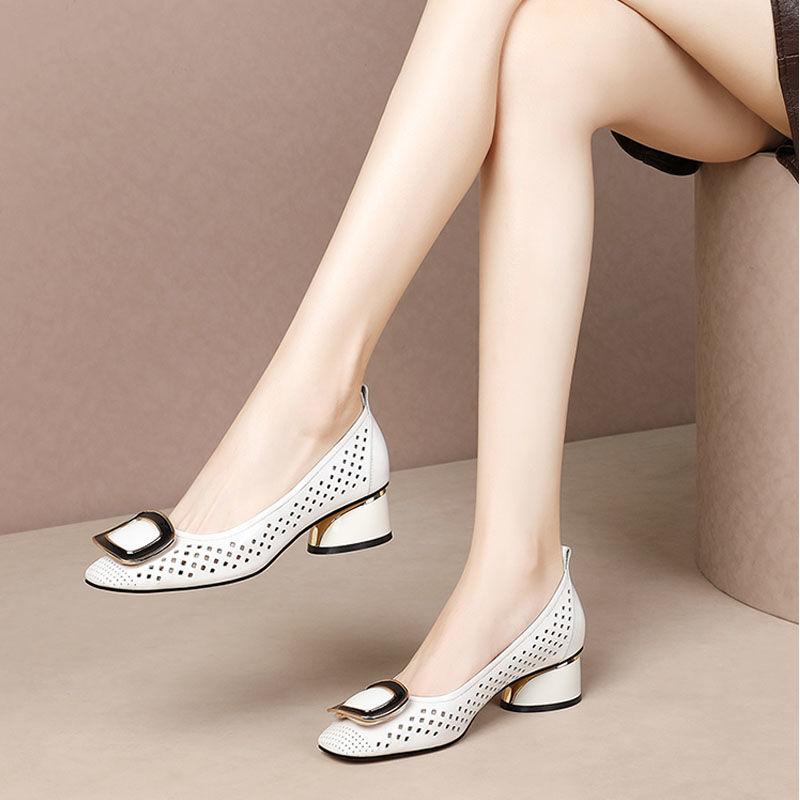 Shoes for Woman 2024 Office Square Toe Women's Summer Footwear with Medium Heels Normal Leather Casual White Sandals On Sale A E
