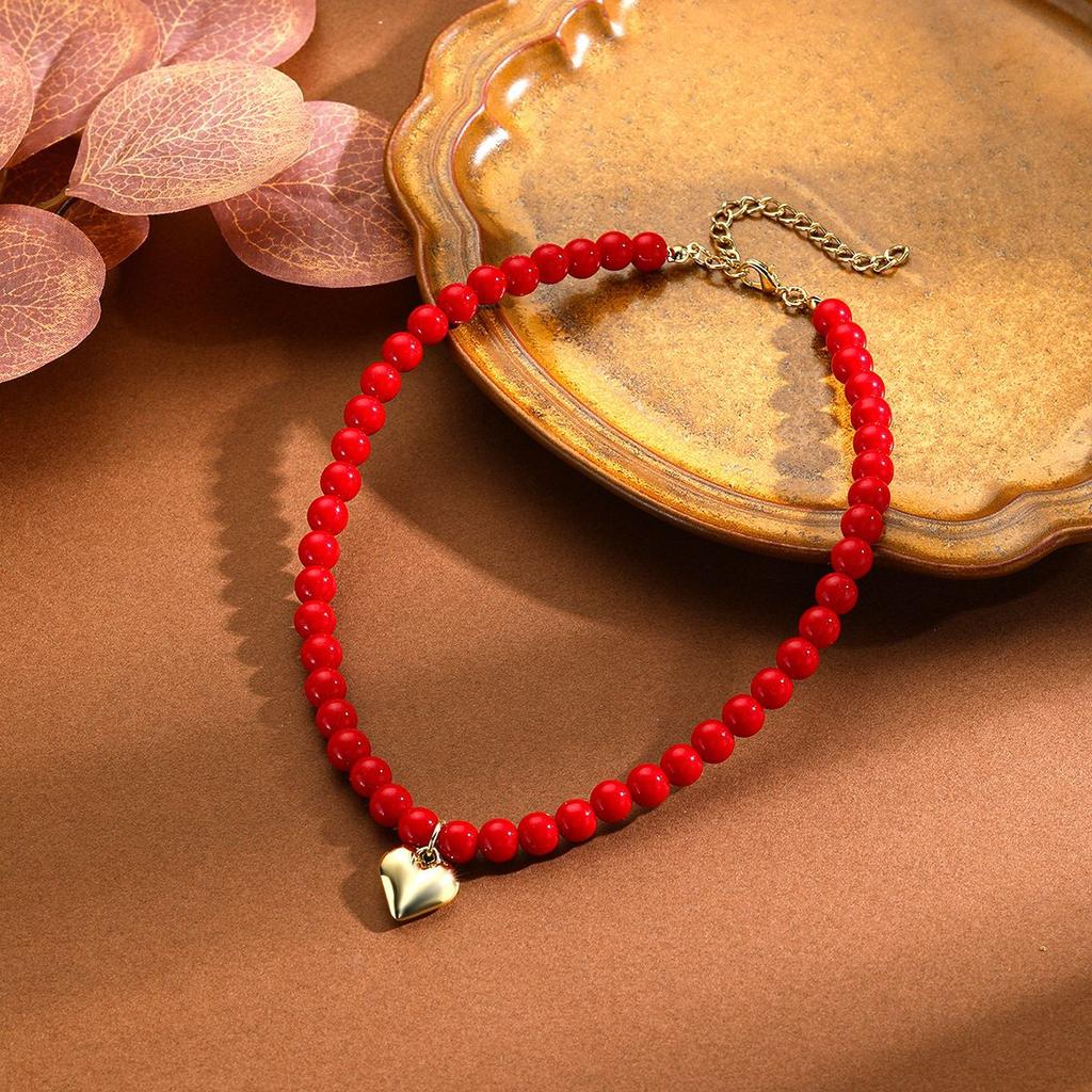 Necklace for Women Ins Style Modern Red Peach Heart Necklace Light Luxury Retro Heart Necklace Female Hundred with High Class Sense Elegant Necklace