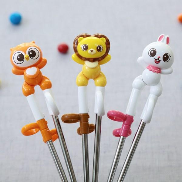 Edison Friends Stainless Steel Infant Correction Chopsticks Level 1 3-piece Set for Right Hand, Rabbit + Owl + Lion, 1 Set
