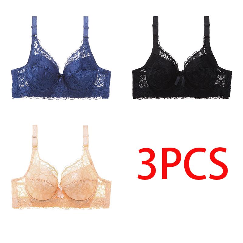 36-46 Plus Size Women Ultrathin Bra Underwire Push-Ups Lace Bras Brassiere Larger Breast Solid Color 3/4 Big Cup
