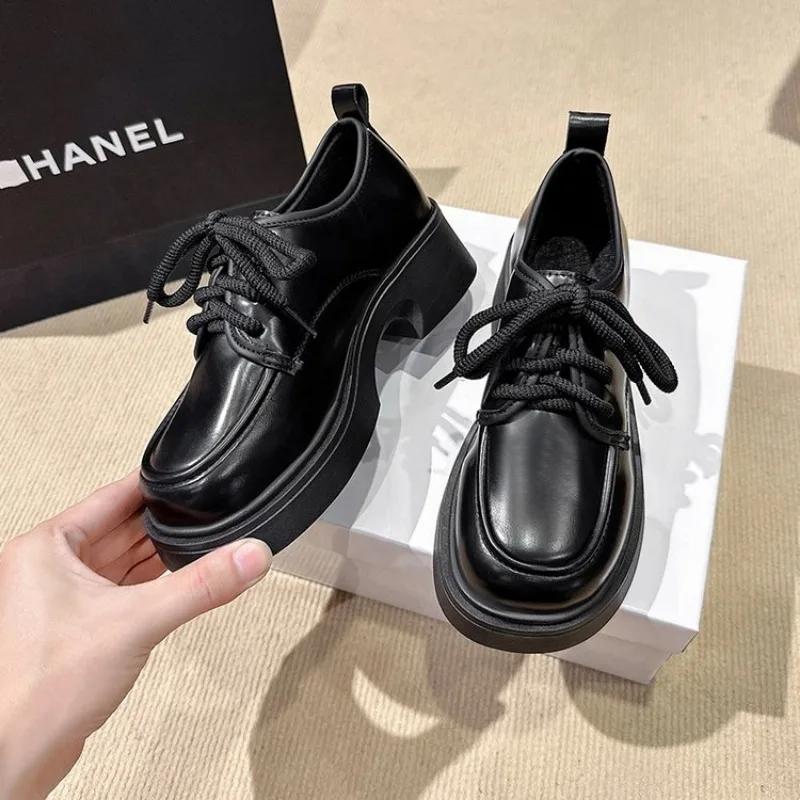 Fashion Solid Leather Oxford Shoes for Women Fashion Lace Up Women Shoes Square Mid Heels Platform Shoes Zapatos De Mujer