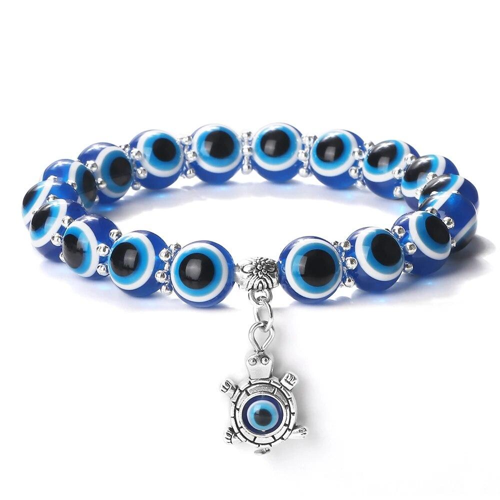 10mm Lucky Blue Evil Eye Bracelet Palm Butterfly Owl Elephant Pendant Charm Crystal Resin Beaded Bracelets for Women Men Jewelry
