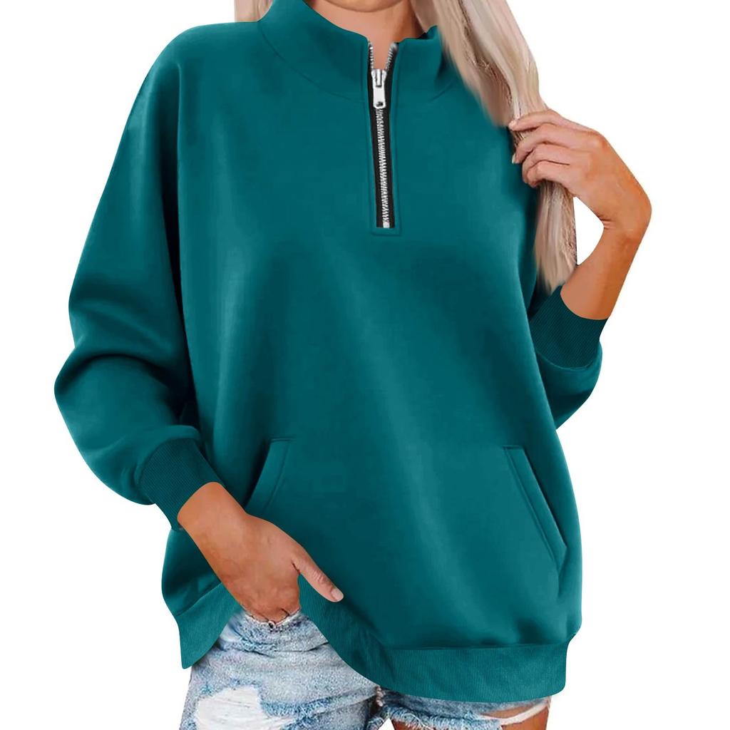 Women's Fashion Long Sleeve Loose Oversize Solid Color Half Zipper Neck Sweater Top With Pockets