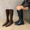 Women Mid Heels Knee High Chelsea Long Boots Platform Motorcycle Boots Designer Vintage Pointed High Knight Boots