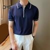Men Summer Shirt Thin Knitted Short Sleeve Zippered Lapel Top Stretchy Hem Striped Solid Color Loose Shirt for Commuting Travel Outdoor