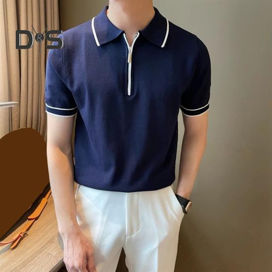 Men Summer Shirt Thin Knitted Short Sleeve Zippered Lapel Top Stretchy Hem Striped Solid Color Loose Shirt for Commuting Travel Outdoor