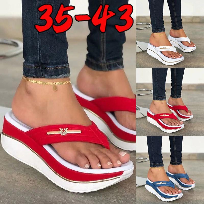 Summer Women's Wedge Heel Thick Bottom Flip Flops Platform Slippers Outdoor Leisure Platform Height Increasing Sandals Plus Size 35-43