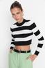 Women's Elegance Style Sweater Black Crop Cotton Striped Knitwear Sweater