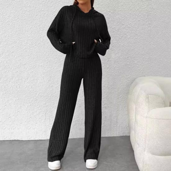 2 Pcs/Set Women Hoodie Pants Suit Drawstring Thread Long Sleeves Solid Color