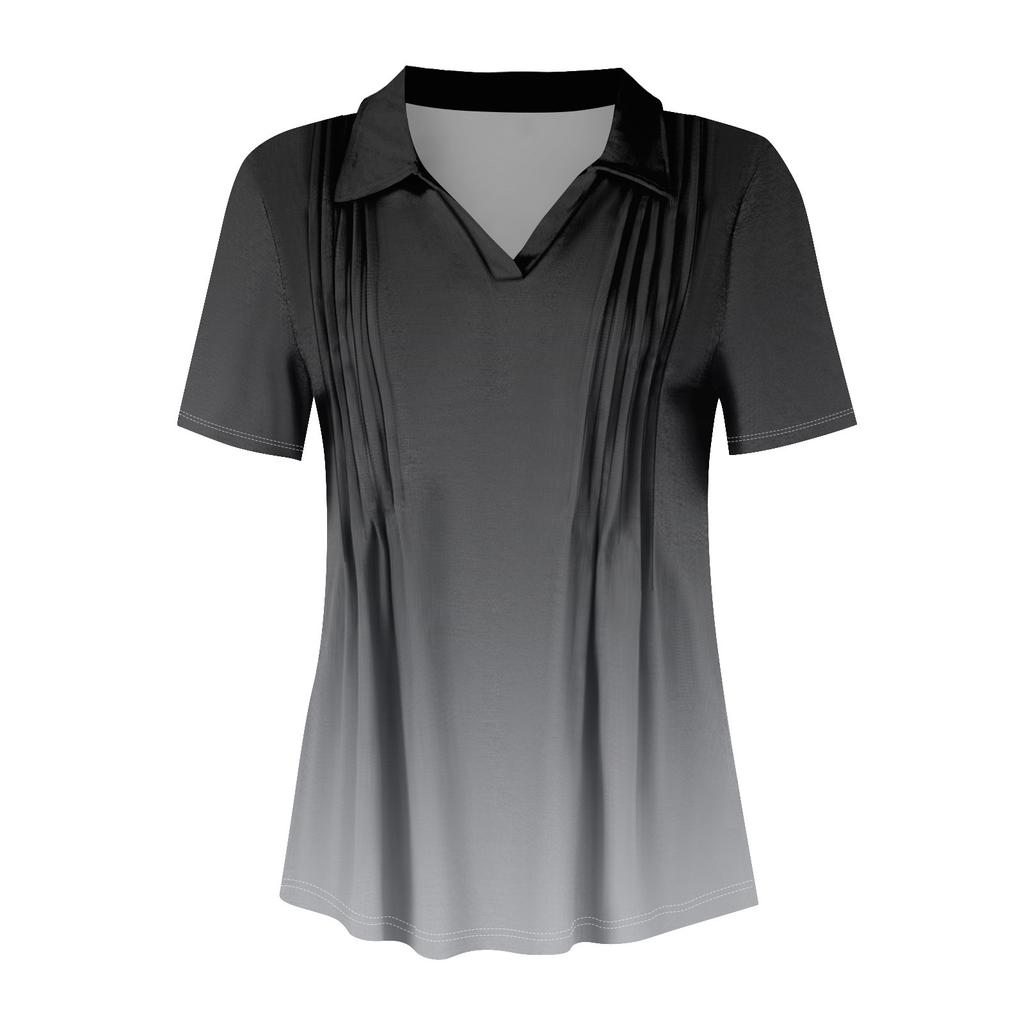Womens Short Sleeve T Shirts Pleated V Neck Printing Tee Collared Summer Tops Fashion Business Casual Work