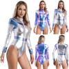 Womens Space Astronaut Bodysuit Mock Neck Long Sleeve Bodycon Leotard Metallic Shiny Contrast Jumpsuit Halloween Cosplay Costume