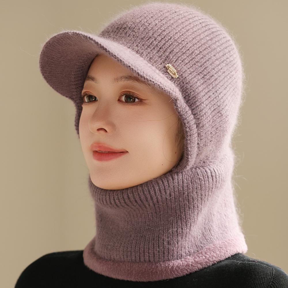 New Winter Balaclava Cap Women Keep Warm Windproof Knitted Hat Neck Protection Beanie Cap Plush Fur Lined Hats For Women