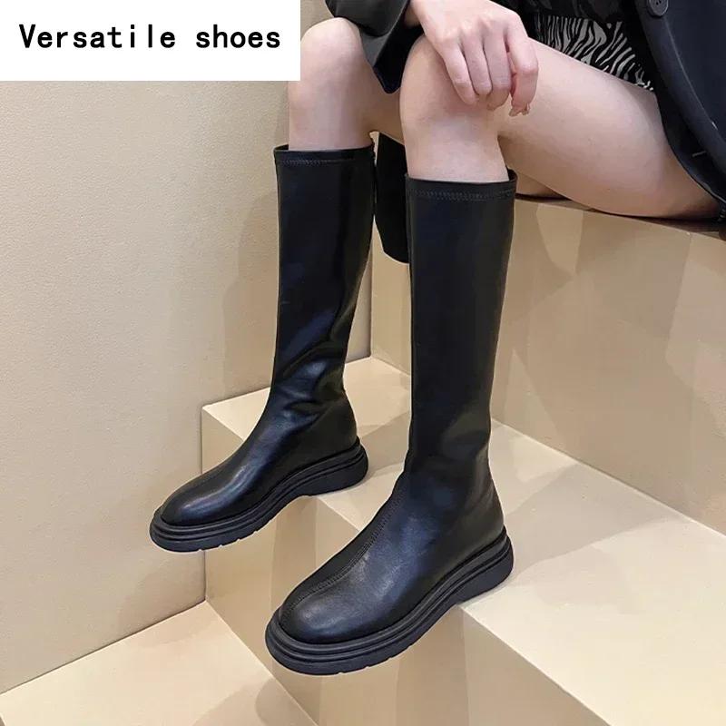 Winter Cotton Women's High Boots Fashion Soft Leather Back Zippers Long Botas Ladies Comfort Short Plush Knee High Booties