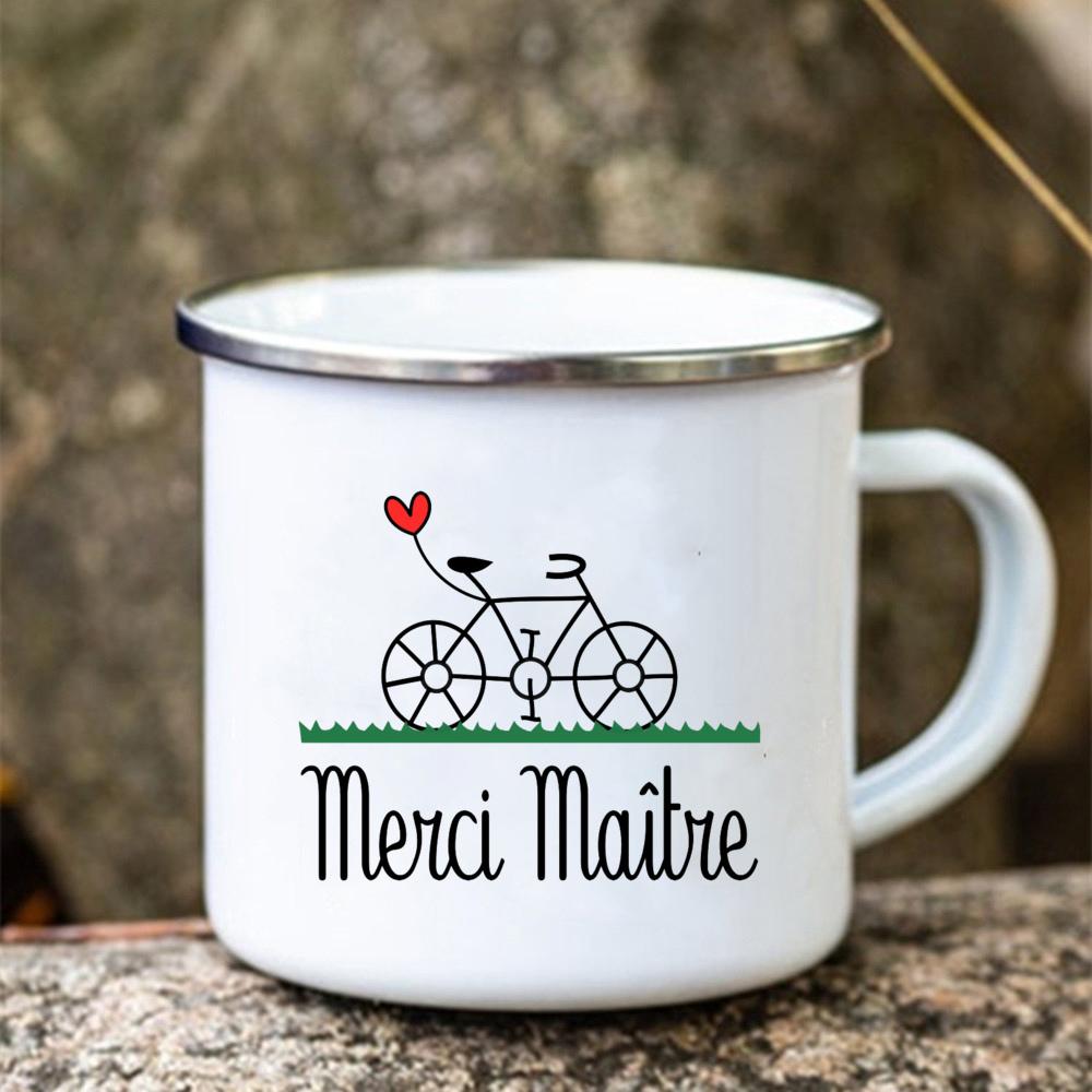 Merci Maitre Printed Mug Creative Coffee Tea Cups Drinks Water Cup Enamel Mugs School Home Retro Handle Drinkware Teacher Gifts