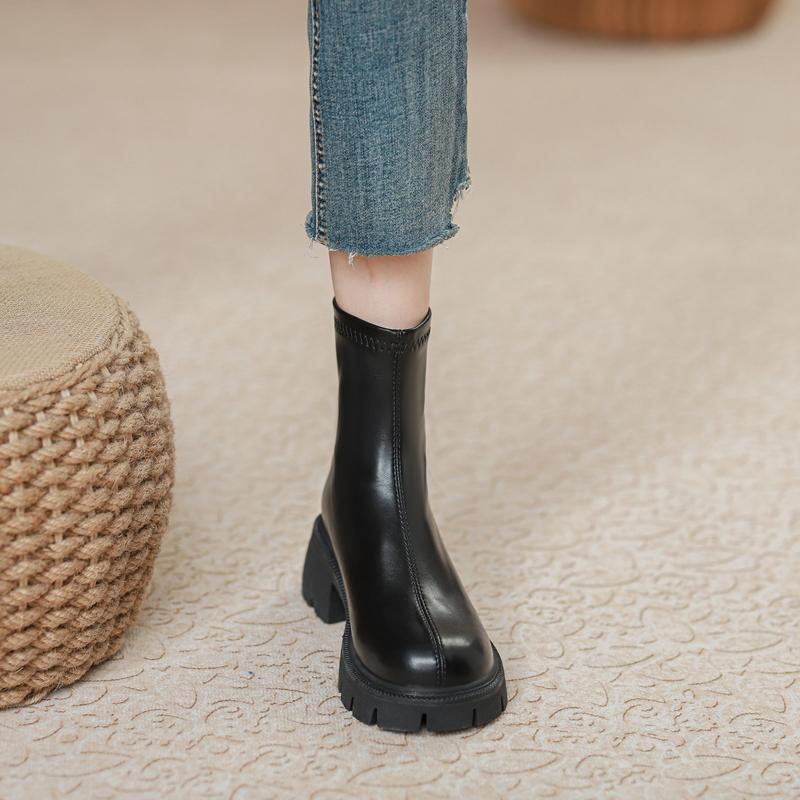Leather Short Boots Women's Thick Heel 2025 New Spring and Autumn Elastic Thin Boots Single Boots Thick-soled British Martin Boots