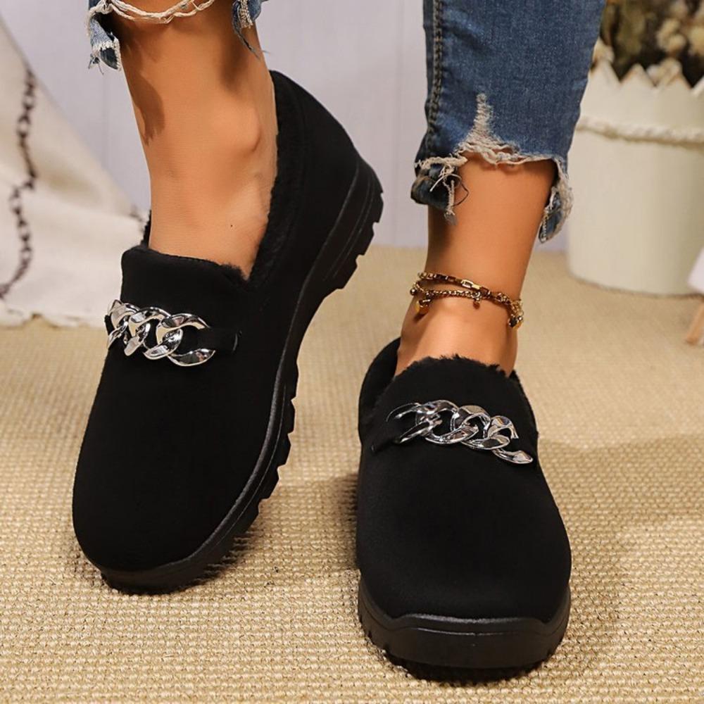 Chain Decor Thick Plush Flats Shoes for Women Winter Comfort Warm Casual Shoes Woman Solid Color Soft Sole Slip On Loafers