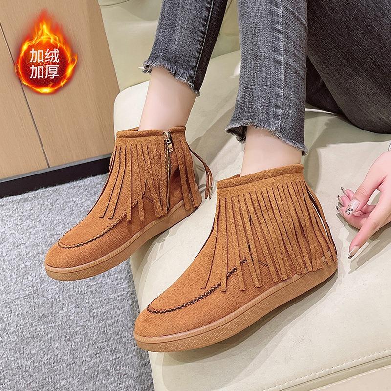 Large Size Comfortable Short Fringed Boots Women's Autumn and Winter New Sweet Versatile Velvet Flat Women's Boots