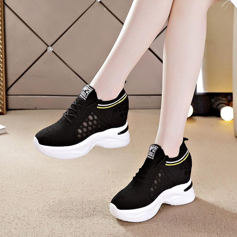 High Heeld Wedge Breathable Women's Shoes Summer New Black White Shoes Hidden Wedges Heel 8cm Casual Lace Up Platform Increase Sneakers Woman