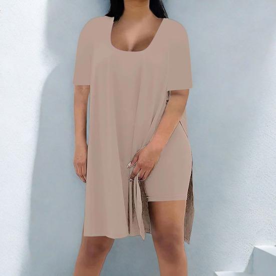 Women Plus Size 2 Piece Outfits Side Split Short Sleeve Tunic Tops And Skinny Biker Shorts Sets Summer Lounge Tracksuit