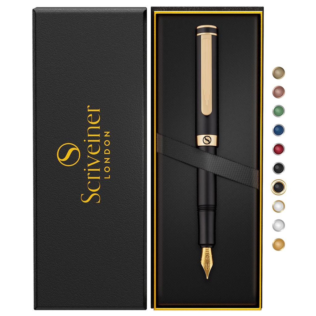 Scriveiner Luxury EDC Fountain Pen Gorgeous Matte Black Pocket Pen 2 Chrome Finish Schmidt German Nib Converter Best Writing Pen Gift Set Nice Stylish
