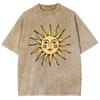 Sun Face Print Women's T-Shirt Washed Cotton Breathable High Quality Short Sleeve Oversized Men's Half Sleeve Distressed