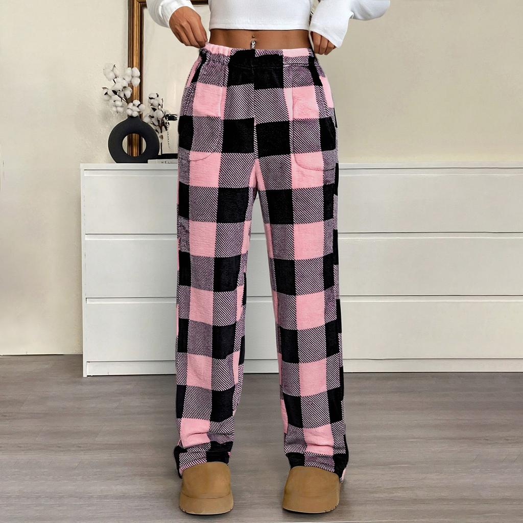 Women Pajama Pants Plush Sleep Pants Soft Elastic Waist Pajama Bottoms Plaid Pants With 2 Pockets