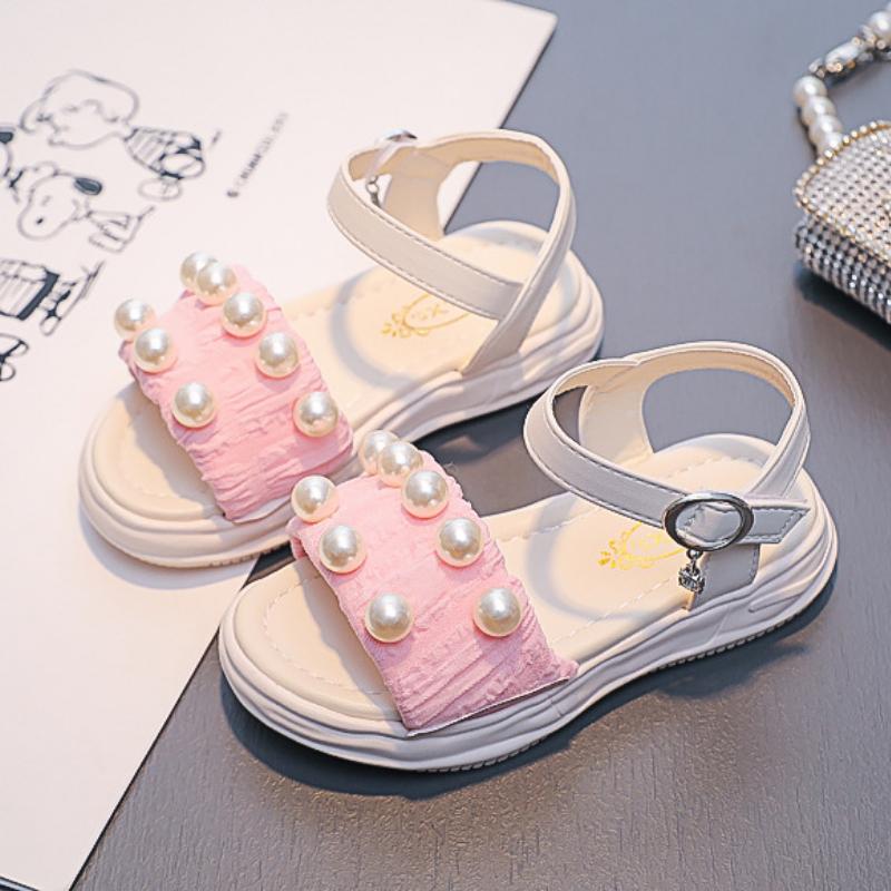 Girls Thick Soled Sandals Kids Summer Pearl Shoes Elegant Party Princess Open-toe Flats Casual Fashion Children's Beach Sandals