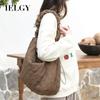 Korean Version of Casual Literary Canvas Bag, Embroidered Thread Drawstring Single Shoulder Nylon Pleated Messenger Bag