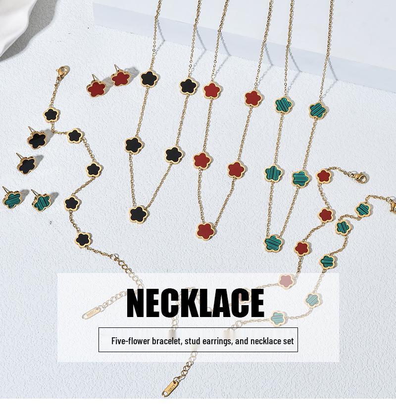 INS-Inspired Stainless Steel Four-Leaf Clover Jewelry Set: Bracelet, Stud Earrings, and Necklace for Women