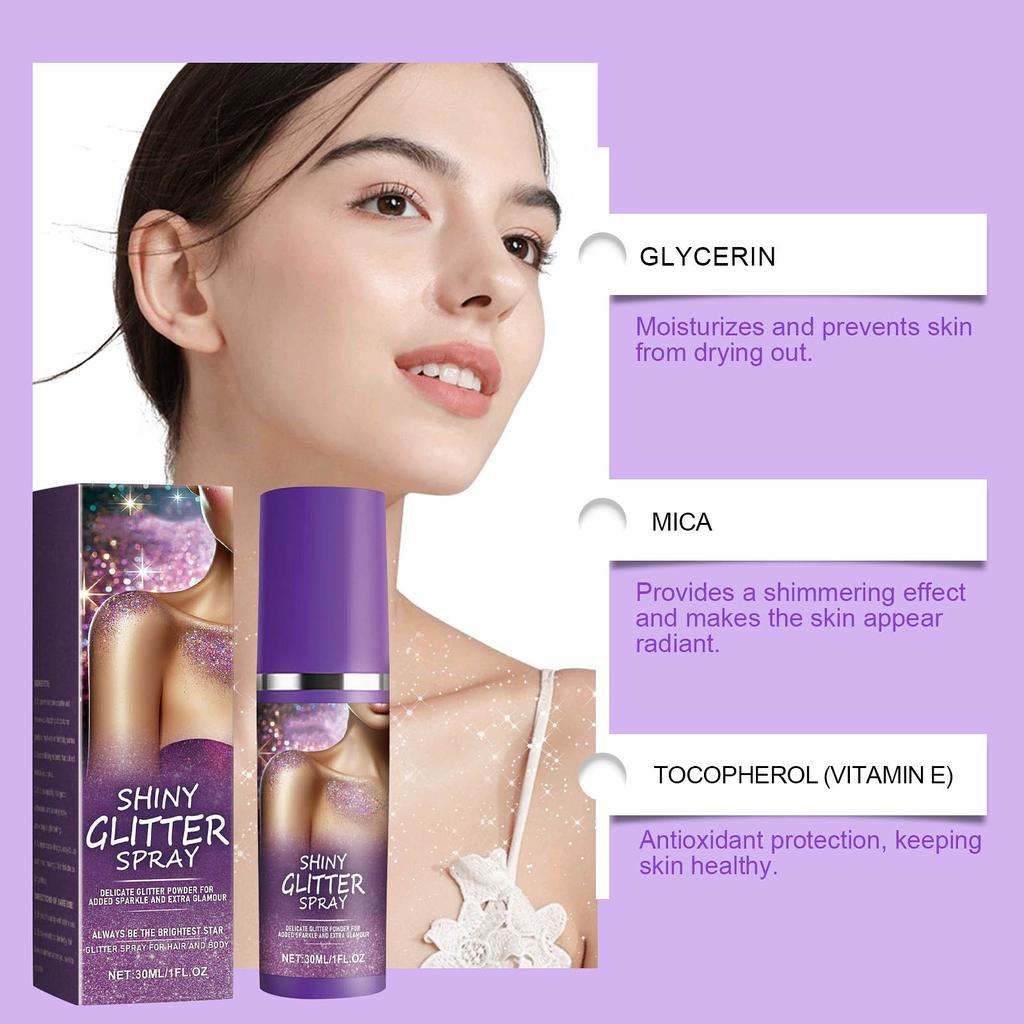 Блестящий спрей с блестками, долговечный спрей с блестками для волос, тела, кожи и одежды, водостойкий и приятный для кожи, 30 мл