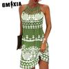Women's Summer Round Neck Cutout Neck Slim Sleeveless Halving Print Dress
