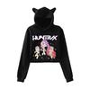 KPop Demon Hunters Cartoon Printed Cat Ear Hoodie Women Long Sleeve Cropped Sweatshirts Female Casual Streetwear Crop Tops